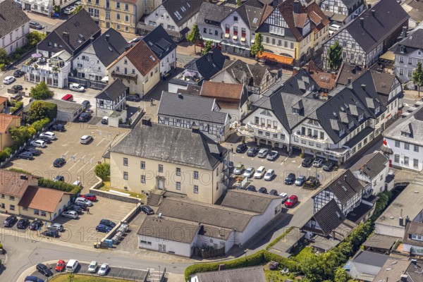 Aerial view, Drostenplatz, Mühlenweg, Balve, Sauerland, North Rhine-Westphalia, Germany, DE, Europe, half-timbered houses, commercial buildings, aerial view, aerial photography, aerial photography, overview, bird's-eye view, residential buildings, birds-eyes view, overview