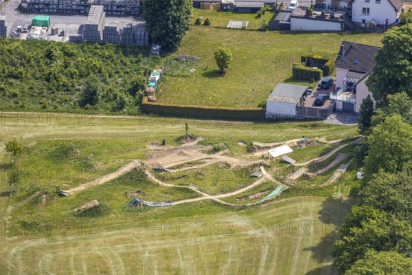 Aerial photo, freeride, sports course, Balve, Sauerland, North Rhine-Westphalia, Germany, DE, Europe, aerial photography, aerial photography, aerial photography, sports, trial terrain, overview, bird's eye view, birds-eyes view, overview
