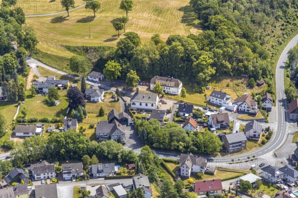 Aerial view, catholic church St. Michael Balve-Volkringhausen, Balve, Sauerland, North Rhine-Westphalia, Germany, place of worship, DE, Europe, religious community, place of worship, chapel street, church, parish, denomination, aerial view, aerial photography, aerial photography, overview, bird's-eye view, overview