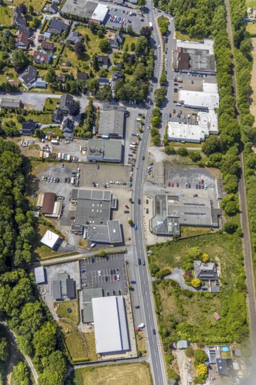 Aerial view, retail mile, shopping street Hönnetalstraße, Bundesstraße 229, Balve, Sauerland, North Rhine-Westphalia, Germany, DE, shopping, shopping mall, shopping mile, shopping markets, shopping place, shopping street, shopping centre, Europe, aerial view, aerial photography, aerial photography, local supply centre, overview, bird's-eye view, overview