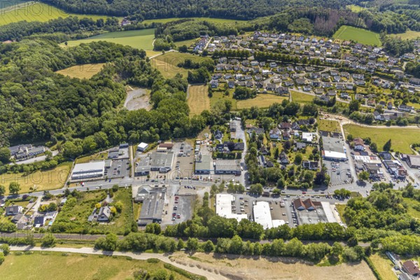 Aerial view, retail mile, shopping street Hönnetalstraße, Bundesstraße 229, Balve, Sauerland, North Rhine-Westphalia, Germany, DE, shopping, shopping mall, shopping mile, shopping markets, shopping place, shopping street, shopping centre, Europe, aerial view, aerial photography, aerial photography, local supply centre, overview, bird's-eye view, overview