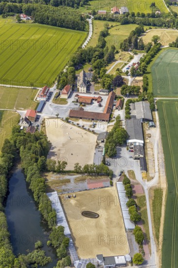 Aerial view, equestrian centre Reiterverein Balve, Schloss Wocklum, Balve, Sauerland, North Rhine-Westphalia, Germany, DE, Europe, manor house, manor house, manor building, courtyard, aerial view, aerial photography, aerial photography, horses, equestrian sports, equestrian centre, riding stable, riding club, riding stable, castle, castle garden, overview, defence system, bird's eye view, forest area, moated castle, Wocklum, birds-eyes view, overview