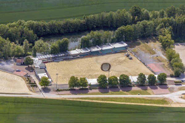 Aerial view, riding centre Reiterverein Balve, at Wocklum Castle, Balve, Sauerland, North Rhine-Westphalia, Germany, DE, Europe, aerial view, aerial photography, aerial photography, horses, equestrian sport, riding centre, riding stable, riding club, riding stable, overview, bird's-eye view, forest area, Wocklum, birds-eyes view, overview