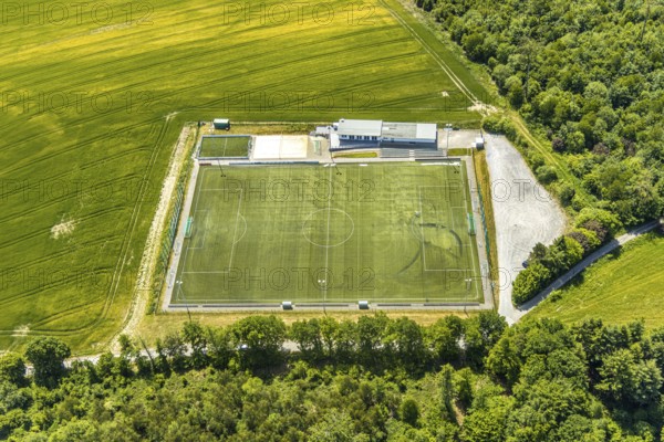 Aerial view, sports field TuS Langenholthausen, Balve, Sauerland, North Rhine-Westphalia, Germany, DE, Europe, football field, football stadium, football club, aerial view, aerial photography, aerial photography, sports, sports facilities, sports field, sports venue, overview, bird's-eye view, overview, Langenholthausen