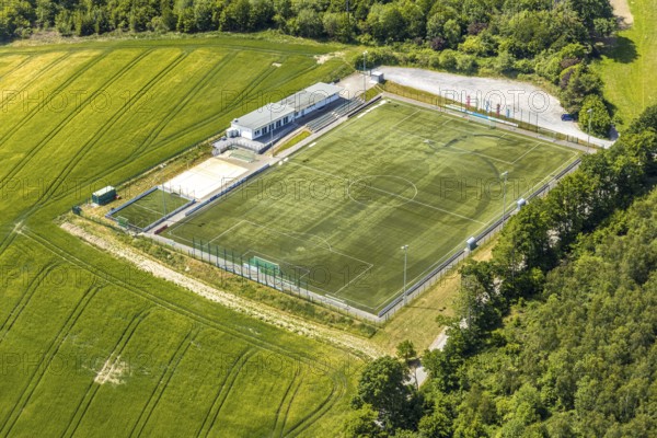 Aerial view, sports field TuS Langenholthausen, Balve, Sauerland, North Rhine-Westphalia, Germany, DE, Europe, football field, football stadium, football club, aerial view, aerial photography, aerial photography, sports, sports facilities, sports field, sports venue, overview, bird's-eye view, overview, Langenholthausen