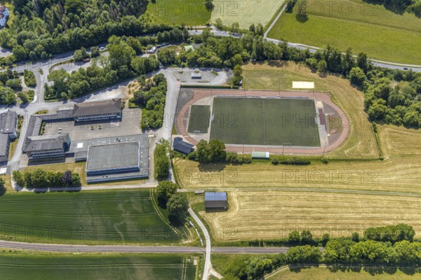 Aerial view, sports ground SG Balve/Garbeck 23/21, triple gymnasium Balve, Gemeinschaftshauptschule, Am Krumpaul, Balve, Sauerland, North Rhine-Westphalia, Germany, education, educational institution, DE, Europe, football pitch, football stadium, football club, secondary school, educational institute, aerial photograph, aerial photography, aerial photography, school, sports, sports facilities, sports ground, sports facility, overview, bird's-eye view, overview