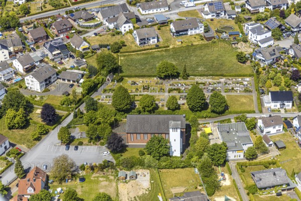 Aerial view, St. Johannes Church Langenholthausen, cemetery, Balve, Sauerland, North Rhine-Westphalia, Germany, place of worship, burial site, DE, Europe, memorial, religious community, place of worship, church, church, parish, denomination, aerial photograph, aerial photography, aerial photography, religion, resting place, overview, bird's-eye view, bird's-eye view, overview, Langenholthausen