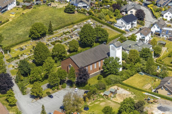 Aerial view, St. Johannes Church Langenholthausen, cemetery, Balve, Sauerland, North Rhine-Westphalia, Germany, place of worship, burial site, DE, Europe, memorial, religious community, place of worship, church, church, parish, denomination, aerial photograph, aerial photography, aerial photography, religion, resting place, overview, bird's-eye view, bird's-eye view, overview, Langenholthausen