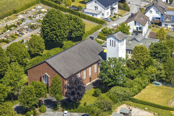 Aerial view, St. Johannes Church Langenholthausen, cemetery, Balve, Sauerland, North Rhine-Westphalia, Germany, place of worship, burial site, DE, Europe, memorial, religious community, place of worship, church, church, parish, denomination, aerial photograph, aerial photography, aerial photography, religion, resting place, overview, bird's-eye view, bird's-eye view, overview, Langenholthausen