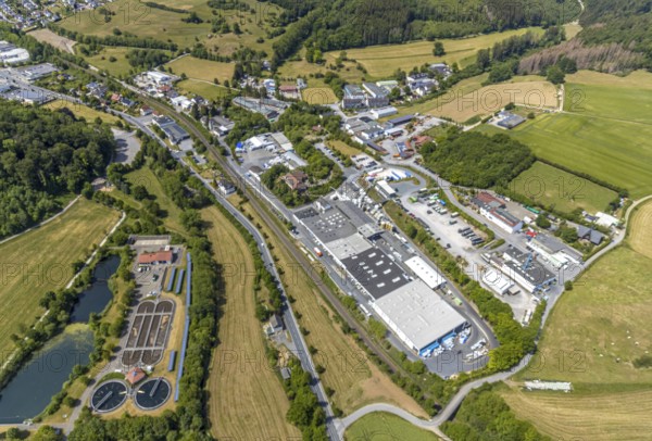 Aerial view, industrial area Helle, Chemische Fabrik Wocklum Gebr. Hertin, Glärbach, Ruhrverband Kläranlage, Balve, Sauerland, North Rhine-Westphalia, Germany, DE, Europe, commercial enterprises, commercial area, commercial park, commercial site, commercial use, industrial area, industrial site, sewage treatment plant, aerial photograph, aerial photography, aerial photography, overview, bird's-eye view, water treatment plant, birds-eyes view, overview