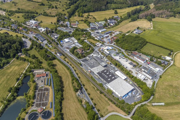 Aerial view, industrial area Helle, Chemische Fabrik Wocklum Gebr. Hertin, Glärbach, Ruhrverband Kläranlage, Balve, Sauerland, North Rhine-Westphalia, Germany, DE, Europe, commercial enterprises, commercial area, commercial park, commercial site, commercial use, industrial area, industrial site, sewage treatment plant, aerial photograph, aerial photography, aerial photography, overview, bird's-eye view, water treatment plant, birds-eyes view, overview