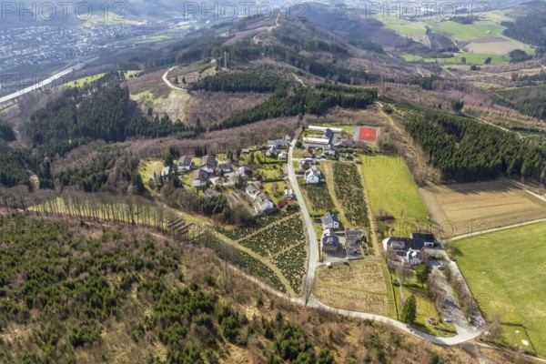 Aerial view, local view Föckinghausen, school hostel, Bestwig, North Rhine-Westphalia, Germany, forestation, DE, Europe, property tax, Hotel Waldhaus Föckinghausen, hilly landscape, real estate, aerial view, aerial photography, aerial photography, Sauerland, sports facilities, sports field, sports facility, overview, bird's eye view, forest area, woodland, meadows and fields, residential area, living and life, residential area, residential buildings, residential quality, housing estate, birds-eyes view, overview