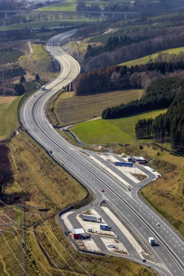 Aerial view, motorway A46 rest area Nuttlar, Bestwig, North Rhine-Westphalia, Germany, motorway A46 extension, DE, Europe, shapes and colours, hilly landscape, aerial view, aerial photography, aerial photography, rest area, Sauerland, overview, bird's-eye view, birds-eyes view, overview