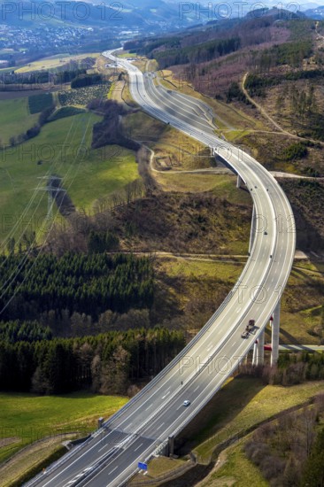 Aerial view, valley bridge Nuttlar, motorway A46, local view Nuttlar, hilly landscape, Bestwig, North Rhine-Westphalia, Germany, motorway A46 extension, motorway bridge, bridge, DE, Europe, aerial view, aerial photography, aerial photography, Rüthener Straße, Sauerland, valley bridge, overview, bird's-eye view, forest area, birds-eyes view, overview