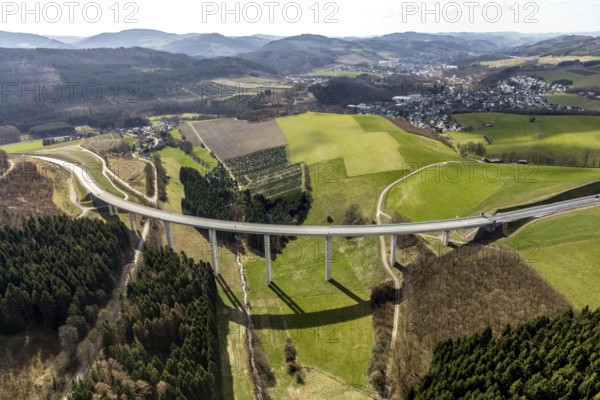 Aerial view, Schormecke viaduct, federal road B480n, feeder road to motorway A46, hilly landscape, view of Nuttlar, Bestwig, North Rhine-Westphalia, Germany, motorway A46 extension, motorway bridge, bridge, DE, Europe, box girder bridge, aerial view, aerial photography, aerial photography, Sauerland, overview, bird's-eye view, overview