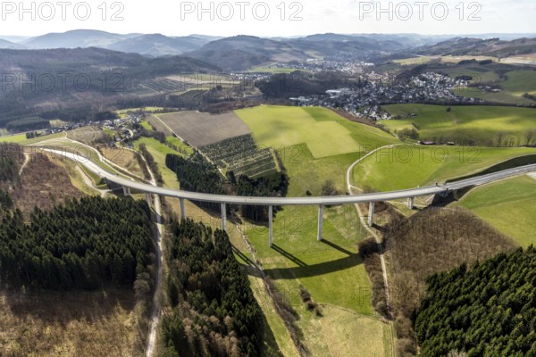 Aerial view, Schormecke viaduct, federal road B480n, feeder road to motorway A46, hilly landscape, view of Nuttlar, Bestwig, North Rhine-Westphalia, Germany, motorway A46 extension, motorway bridge, bridge, DE, Europe, box girder bridge, aerial view, aerial photography, aerial photography, Sauerland, overview, bird's-eye view, overview