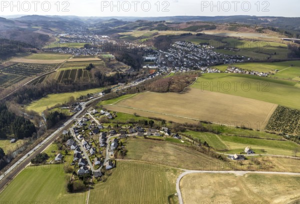 Aerial view, local view Dümel, federal road B7, slag heap former mine Ostwig, local view Nuttlar, Bestwig, North Rhine-Westphalia, Germany, motorway A46 extension, visitor mine slate mine Nuttlar, DE, Europe, property tax, real estate, aerial view, aerial photography, aerial photography, Sauerland, overview, bird's-eye view, forest area, meadows and fields, residential area, living and life, residential area, residential buildings, residential quality, housing estate, birds-eyes view, overview