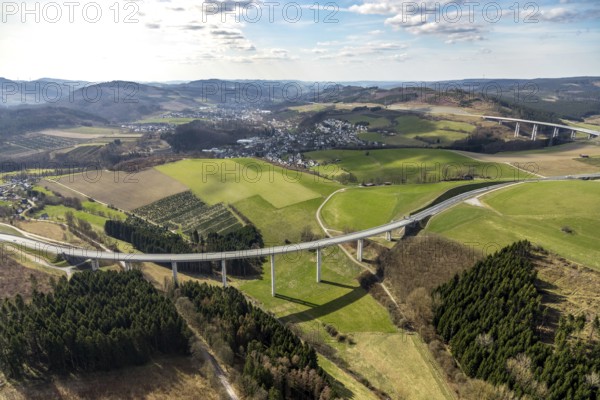 Aerial view, Schormecke viaduct, federal road B480n, feeder road to motorway A46, hilly landscape, view of Nuttlar, Bestwig, North Rhine-Westphalia, Germany, motorway A46 extension, motorway bridge, bridge, DE, Europe, box girder bridge, aerial view, aerial photography, aerial photography, Sauerland, overview, bird's-eye view, overview
