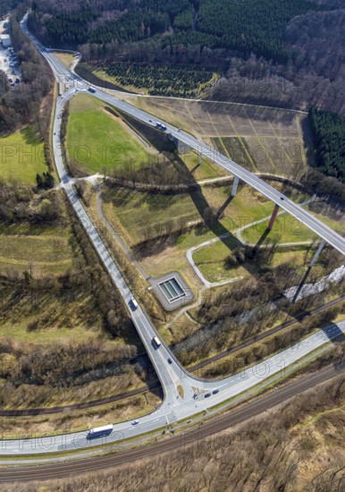 Aerial view, federal road B480n, Ruhrtalbrücke Bermecke, feeder road B7, Bestwig, North Rhine-Westphalia, Germany, motorway A46 extension, bridge, federal road B7, DE, Europe, aerial view, aerial photography, aerial photography, Sauerland, road traffic, overview, traffic, traffic volume, bird's eye view, birds-eyes view, overview