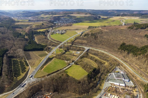 Aerial view, federal road B480n, Ruhrtalbrücke Bermecke, feeder road B7, Bestwig, North Rhine-Westphalia, Germany, motorway A46 extension, bridge, federal road B7, DE, Europe, aerial view, aerial photography, aerial photography, Sauerland, road traffic, overview, traffic, traffic volume, bird's eye view, birds-eyes view, overview