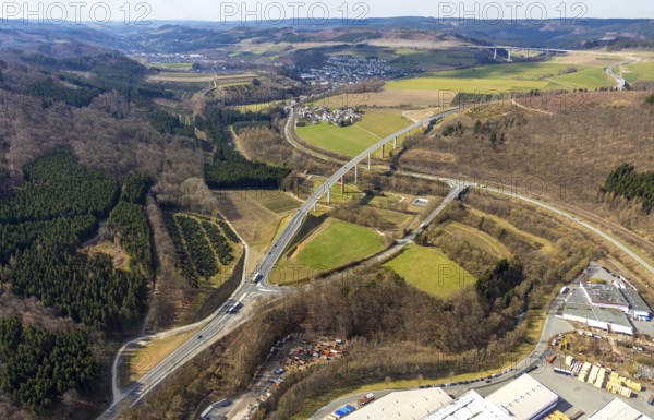 Aerial view, federal road B480n, Ruhrtalbrücke Bermecke, feeder road B7, Bestwig, North Rhine-Westphalia, Germany, motorway A46 extension, bridge, federal road B7, DE, Europe, aerial view, aerial photography, aerial photography, Sauerland, road traffic, overview, traffic, traffic volume, bird's eye view, birds-eyes view, overview
