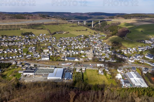 Aerial view, aerial view Nuttlar, valley bridge Nuttlar, motorway A46, Bestwig, North Rhine-Westphalia, Germany, federal road B7, DE, Europe, religious community, place of worship, property tax, hilly landscape, real estate, church, parish, denomination, aerial view, aerial photography, aerial photography, religion, overview, bird's eye view, forest, meadows and fields, living and life, residential area, residential buildings, birds-eyes view, catholic church St. Anna Nuttlar, overview