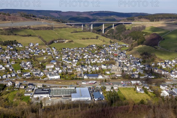 Aerial view, aerial view Nuttlar, valley bridge Nuttlar, motorway A46, Bestwig, North Rhine-Westphalia, Germany, federal road B7, DE, Europe, religious community, place of worship, property tax, hilly landscape, real estate, church, parish, denomination, aerial view, aerial photography, aerial photography, religion, overview, bird's eye view, forest, meadows and fields, living and life, residential area, residential buildings, birds-eyes view, catholic church St. Anna Nuttlar, overview