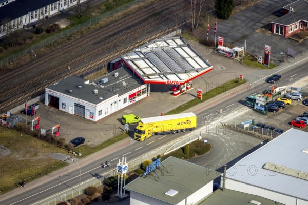 Aerial view, petrol station AVIA Mikus Nuttlar, federal road B7, Bestwig, North Rhine-Westphalia, Germany, railway area, DE, Europe, aerial view, aerial photography, aerial photography, petrol station, overview, bird's-eye view, overview