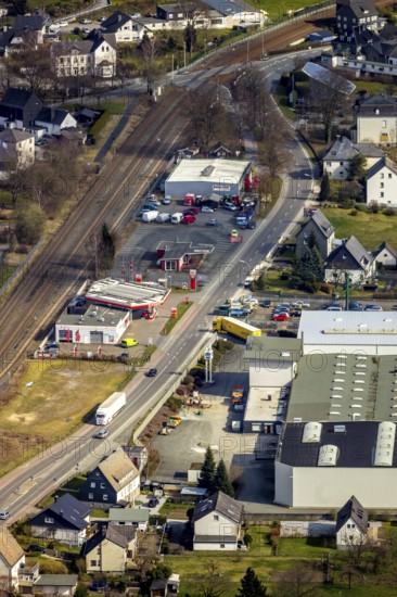 Aerial view, petrol station AVIA Mikus Nuttlar, federal road B7, Bestwig, North Rhine-Westphalia, Germany, railway area, DE, Europe, aerial view, aerial photography, aerial photography, petrol station, overview, bird's-eye view, overview