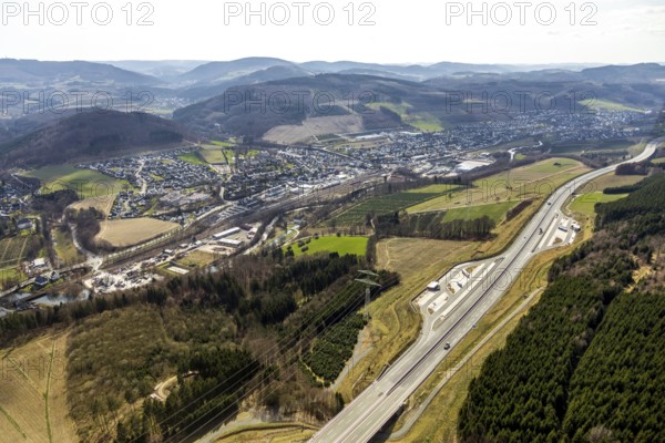Aerial view, motorway A46 rest area Nuttlar, Bestwig, North Rhine-Westphalia, Germany, motorway A46 extension, DE, Europe, hilly landscape, aerial view, aerial photography, aerial photography, rest area, Sauerland, overview, bird's-eye view, overview