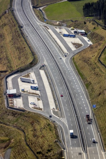 Aerial view, motorway A46 rest area Nuttlar, Bestwig, North Rhine-Westphalia, Germany, motorway A46 extension, DE, Europe, aerial view, aerial photography, aerial photography, rest area, Sauerland, overview, bird's-eye view, overview