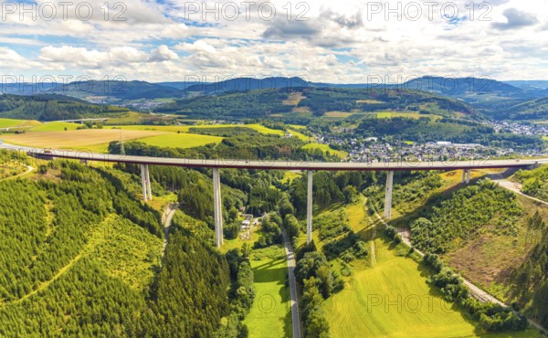 Aerial view, Nuttlar viaduct, motorway A46, Bestwig, Sauerland, North Rhine-Westphalia, Germany, view to Nuttlar, bridge, DE, Europe, hilly landscape, aerial view, aerial photography, aerial photography, Rüthener Straße, Nuttlar viaduct A46, overview, bird's-eye view, forest, forest area, meadows and fields, birds-eyes view, overview