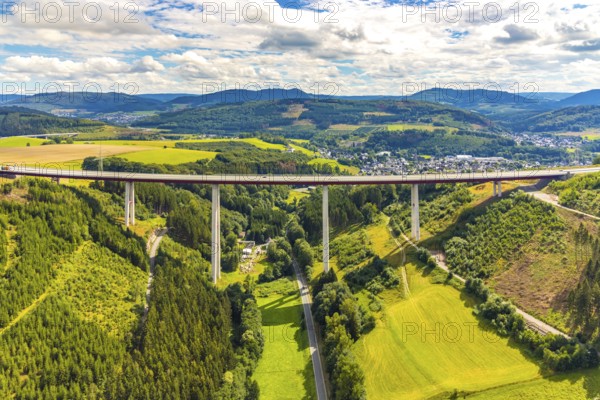Aerial view, Nuttlar viaduct, motorway A46, Bestwig, Sauerland, North Rhine-Westphalia, Germany, view to Nuttlar, bridge, DE, Europe, hilly landscape, aerial view, aerial photography, aerial photography, Rüthener Straße, Nuttlar viaduct A46, overview, bird's-eye view, forest, forest area, meadows and fields, birds-eyes view, overview