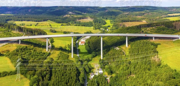 Aerial view, Nuttlar viaduct, motorway A46, Bestwig, Sauerland, North Rhine-Westphalia, Germany, bridge, DE, Europe, hilly landscape, aerial view, aerial photography, aerial photography, mixed forest, Rüthener Straße, Nuttlar viaduct A46, overview, bird's-eye view, forest, forest area, forest damage, forest dieback, meadows and fields, birds-eyes view, overview
