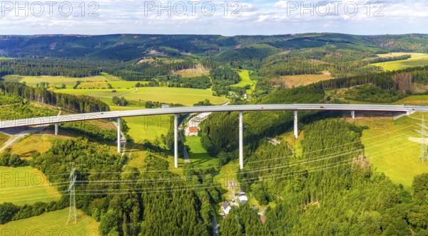 Aerial view, Nuttlar viaduct, motorway A46, Bestwig, Sauerland, North Rhine-Westphalia, Germany, bridge, DE, Europe, hilly landscape, aerial view, aerial photography, aerial photography, mixed forest, Rüthener Straße, Nuttlar viaduct A46, overview, bird's-eye view, forest, forest area, forest damage, forest dieback, meadows and fields, birds-eyes view, overview