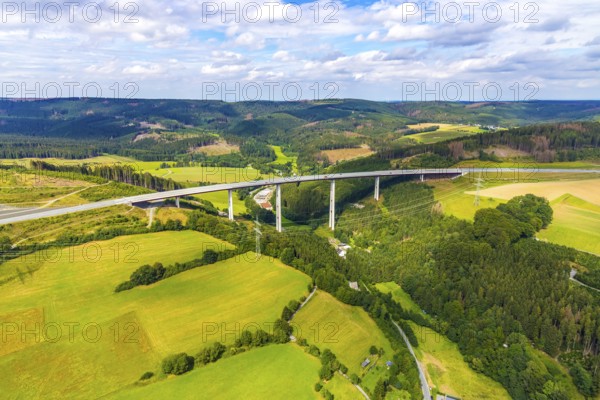 Aerial view, Nuttlar viaduct, motorway A46, Bestwig, Sauerland, North Rhine-Westphalia, Germany, bridge, DE, Europe, hilly landscape, aerial view, aerial photography, aerial photography, mixed forest, Rüthener Straße, Nuttlar viaduct A46, overview, bird's-eye view, forest, forest area, forest damage, forest dieback, meadows and fields, birds-eyes view, overview