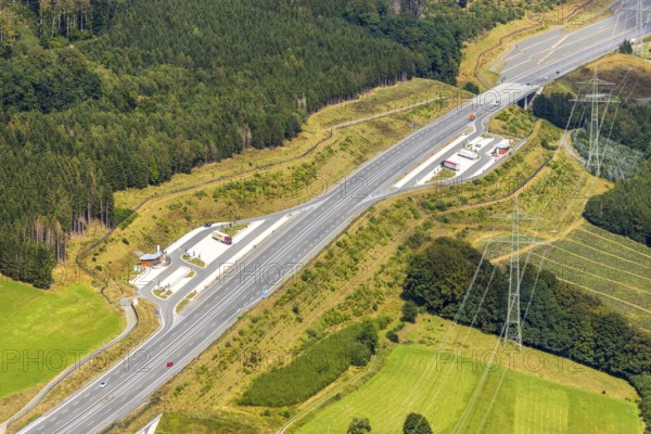 Aerial view, rest area A46 Sengenberg, rest area A46 Alfert Nuttlar, Föckinghausen, Bestwig, Sauerland, North Rhine-Westphalia, Germany, motorway A46, DE, Europe, aerial view, aerial photography, aerial photography, car parks, rest areas, rest stop, overview, bird's-eye view, birds-eyes view, overview