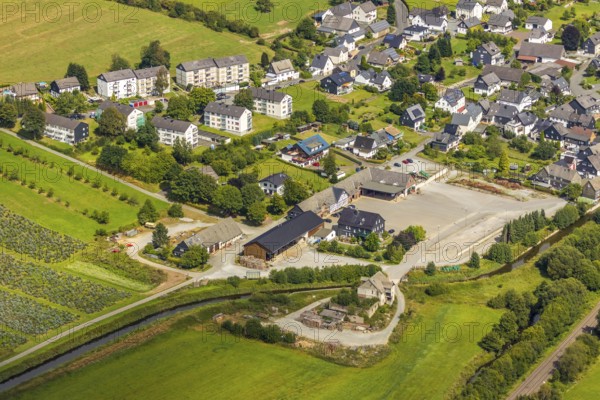 Aerial view, agriculture Norbert Wiese GmbH, Deelenscheune, Mühlenstraße, river Ruhr, Velmede, Bestwig, Sauerland, North Rhine-Westphalia, Germany, DE, Europe, property tax, real estate, aerial view, aerial photography, aerial photography, overview, event location, event venue, bird's-eye view, Christmas tree supplier, residential complex, living and living, residential area, residential buildings, residential quality, residential neighbourhood, housing estate, birds-eyes view, overview