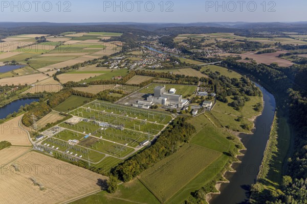 Aerial photograph, Former Würgassen nuclear power plant, Würgassen, Beverungen, East Westphalia-Lippe, North Rhine-Westphalia, Germany, demolition in planning, DE, Europe, Oberweser river, nuclear power plant, aerial photograph, aerial photography, aerial photography, OLWBUCH, OWL, OWL-Buch, East Westphalia, overview, bird's-eye view, birds-eyes view, planned dismantling, overview
