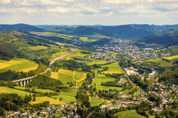 Aerial view, Ruhr valley bridge Velmede, valley bridge Schormecke, river Ruhr, motorway A46, view of Velmede and Borghausen in Bestwig, Sauerland, North Rhine-Westphalia, Germany, motorway bridge, Bestwig, bridge, DE, Europe, distant view, hilly landscape, aerial view, aerial photography, aerial photography, overview, bird's-eye view, forest area, meadows and fields, birds-eyes view, overview