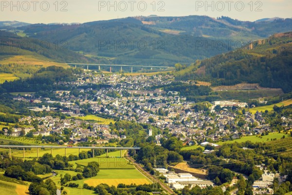Aerial view, Ruhr valley bridge Velmede, valley bridge Schormecke, river Ruhr, view of Velmede and Borghausen in Bestwig, Sauerland, North Rhine-Westphalia, Germany, motorway bridge, Bestwig, bridge, DE, Europe, distant view, hilly landscape, aerial view, aerial photography, aerial photography, overview, bird's-eye view, forest area, meadows and fields, birds-eyes view, overview