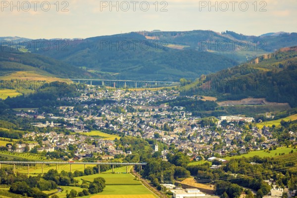 Aerial view, Ruhr valley bridge Velmede, valley bridge Schormecke, river Ruhr, view of Velmede and Borghausen in Bestwig, Sauerland, North Rhine-Westphalia, Germany, motorway bridge, Bestwig, bridge, DE, Europe, distant view, hilly landscape, aerial view, aerial photography, aerial photography, overview, bird's-eye view, forest area, meadows and fields, birds-eyes view, overview