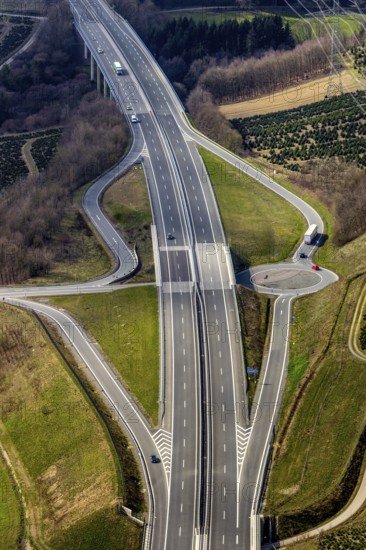 Aerial view, motorway A46, motorway junction Bestwig, Bestwig, North Rhine-Westphalia, Germany, motorway bridge Gebkebach, DE, Europe, roundabout, aerial view, aerial photography, aerial photography, road traffic, overview, bird's eye view, forest area, birds-eyes view, overview
