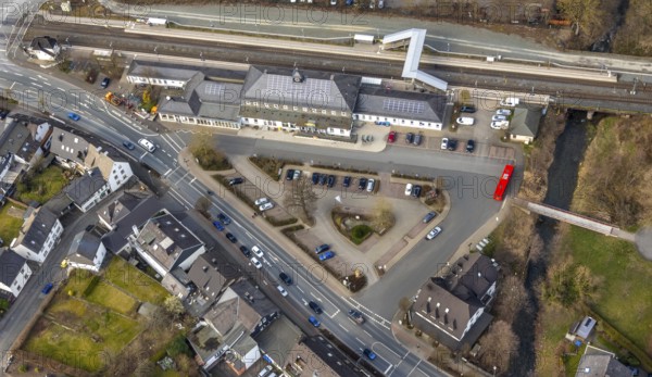 Aerial view, Bestwig station, Bestwig, North Rhine-Westphalia, Germany, railway tracks, railway station, Bestwig station, station building, station forecourt, DE, Deutsche Bahn AG, Europe, aerial view, aerial photography, aerial photography, overview, bird's eye view, birds-eyes view, overview