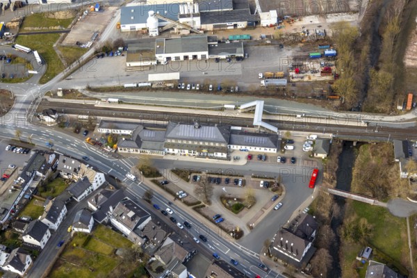 Aerial view, Bestwig station, Bestwig, North Rhine-Westphalia, Germany, railway tracks, railway station, Bestwig station, station building, station forecourt, federal road B7, DE, Deutsche Bahn AG, Europe, aerial photograph, aerial photography, aerial photography, overview, bird's-eye view, birds-eyes view, overview