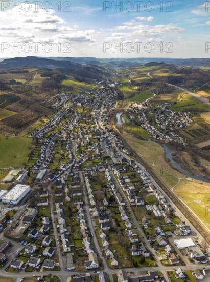 Aerial view, view of Bestwig district Velmede, river Ruhr, meadows and fields, Bestwig, North Rhine-Westphalia, Germany, motorway A46, motorway junction Bestwig, DE, Europe, distant view, hilly landscape, aerial view, aerial photography, aerial photography, Sauerland, overview, bird's-eye view, overview