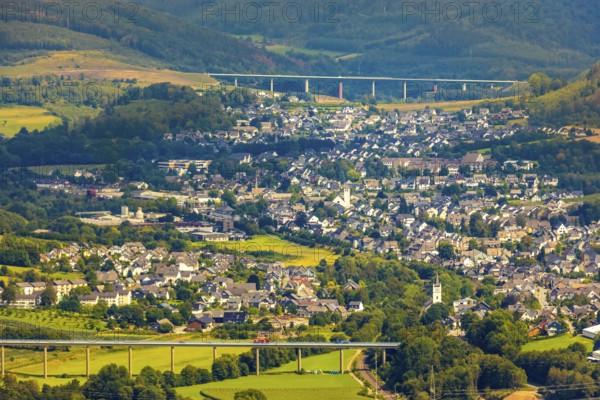 Aerial view, Ruhr valley bridge Velmede, valley bridge Schormecke, river Ruhr, view of Velmede and Borghausen in Bestwig, Sauerland, North Rhine-Westphalia, Germany, motorway bridge, Bestwig, bridge, DE, Europe, distant view, hilly landscape, aerial view, aerial photography, aerial photography, overview, bird's-eye view, forest area, meadows and fields, birds-eyes view, overview
