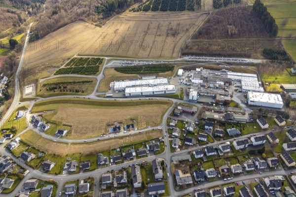 Aerial photo, Kapellenstraße industrial estate, Velmede-Bestwig volunteer fire brigade, Bestwig, North Rhine-Westphalia, Germany, Arconic Operations Bestwig, DE, Europe, aerial photo, aerial photography, aerial photography, overview, bird's-eye view, overview