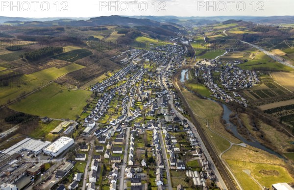 Aerial view, view of Bestwig district Velmede, river Ruhr, meadows and fields, Bestwig, North Rhine-Westphalia, Germany, motorway A46, motorway junction Bestwig, DE, Europe, distant view, hilly landscape, aerial view, aerial photography, aerial photography, Sauerland, overview, bird's-eye view, overview