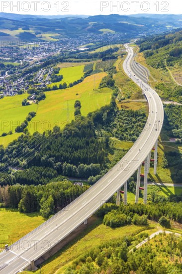 Aerial view, viaduct Nuttlar, motorway A46, rest area A46 Sengenberg, rest area A46 Alfert Nuttlar, Bestwig, Sauerland, North Rhine-Westphalia, Germany, bridge, DE, Europe, hilly landscape, aerial view, aerial photography, aerial photography, mixed forest, Rüthener Straße, viaduct Nuttlar A46, overview, bird's-eye view, forest, forest area, meadows and fields, birds-eyes view, overview